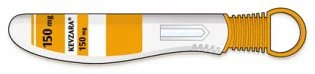 Illustration of a horizontal white and yellow medical device labeled Kevzara 150 mg with a white arrow on a gray background