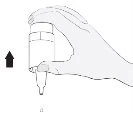 A hand holds a medicine bottle with a black arrow pointing towards the