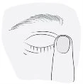Line drawing of a closed eye with a finger gently pressing on the lower eyelid to apply a medication