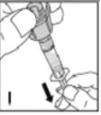 Disegno tecnico che mostra due mani che ruotano e sfilano una parte di una siringa seguendo la direzione indicata da una freccia nera