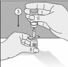 Due mani che inseriscono l'ago di una siringa attraverso il tappo di un flacone di medicinale con una freccia e il numero 3 che indica il passaggio