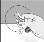 Una mano ruota un dispositivo medico indicato dal numero 4 con una freccia curva che mostra il movimento rotatorio verso destra