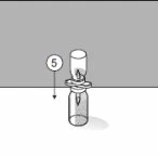 Disegno tecnico di un flaconcino di vetro con una fiala sopra e una freccia che punta verso il basso accanto al numero 5