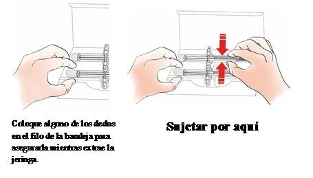 Two illustrations show hands holding a container with a syringe, with red arrows indicating where to grip for safe removal
