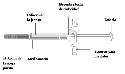 Technical diagram of a syringe showing expiration label, drug-containing cylinder, plunger, finger grips, and needle shield