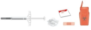 Syringe with needle, white cotton swab, pink rectangular adhesive bandage, and orange biohazard waste container on a white background