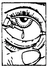 Disegno in bianco e nero di un occhio aperto con una goccia di liquido che cade dall'alto della palpebra verso la congiuntiva