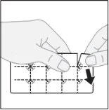 Two hands separating a dressing strip with dashed lines for dividing into small squares, indicated by a black downward arrow