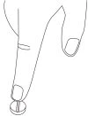 Disegno lineare di un dito che preme verticalmente su un piccolo pulsante circolare o un dispositivo medico piatto