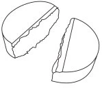 Disegno lineare di una compressa bianca di forma ovale divisa in due metà distinte su sfondo bianco