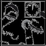 Stylized black and white drawing showing a human face with closed eyes and an analog clock showing twelve o'clock
