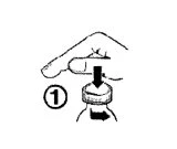 A hand presses down on the cap of a vial while an arrow indicates rotating the container clockwise