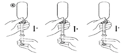 Three diagrams show hands holding a syringe with arrows indicating downward, upward, and tilting movements