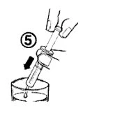 A hand holds a syringe tilted toward a container, with a black arrow indicating the pouring motion of liquid into the container