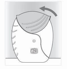 Diagramma che mostra un dispositivo medico con un coperchio superiore che viene sollevato verso l'alto