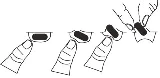 Sequence of four drawings showing hands pressing and tilting an oval medical device between the fingers for