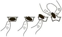Schematic drawing showing the steps to extract a tablet from a blister by pressing with fingers on the container's base