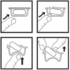 Diagramma in quattro fasi che mostra come una mano apre un contenitore di plastica e ne solleva il coperchio per estrarre una capsula