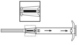 Disegno tecnico di una siringa con frecce nere che indicano il movimento del pistone verso l'esterno e un ingrandimento della punta della siringa