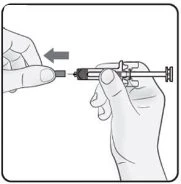 Two hands connecting a needle to a syringe with a gray arrow indicating the insertion movement toward the tip of the syringe