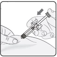 Two hands holding a syringe at an angle to inject the contents into the upper part of a body, with an arrow indicating the direction of the