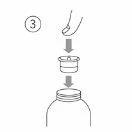 Diagram z numerem 3 przedstawiający dłoń wciskającą korek w dół do fiolki z lekiem za pomocą strzałki kierunkowej