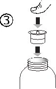 Diagramma con numero tre che mostra una mano che preme un tappo verso il basso su un flacone attraverso due frecce direzionali