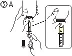 Disegno tecnico che mostra le mani che impugnano una siringa per prelevare il liquido da un flaconcino con un ingrandimento laterale del dettaglio
