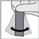 A hand holds a gray rectangular object and moves it laterally following a curved black double arrow