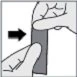 Two hands holding and separating a gray rectangular sheet, with a black arrow indicating movement to the right