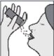 A hand holds a spray bottle near a person's mouth, who is using it to inhale the medication in the form of fine sprays