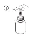 A finger presses downward on the cap of a medical vial under the number one in a black circle