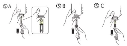 Three sequential diagrams showing hands manipulating a syringe to aspirate or inject liquid from a medical vial