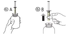Two-phase medical diagram: 6A shows a syringe inserted into a vial and 6B shows a hand withdrawing the syringe upward
