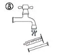 Schematic drawing of an open tap with water flowing over a syringe and a vial placed on a horizontal surface