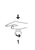 Diagramma con freccia verso il basso che indica di premere con la mano sopra un flacone con una freccia curva che suggerisce di ruotarlo verso destra