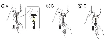 Three sequential diagrams showing hands holding a syringe to aspirate or inject liquid with directional arrows pointing downward