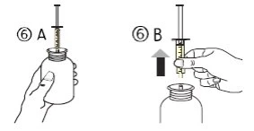 Medical diagram with two phases: A shows a hand inserting a needle into a vial, B shows the syringe withdrawn with liquid inside