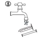 Technical drawing of an open tap dripping water droplets