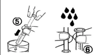 Disegno tecnico che mostra una mano che inclina una siringa in un contenitore e gocce di liquido che cadono sopra una siringa verticale