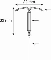 Diagramma tecnico di un dispositivo medico con larghezza di 32 mm, altezza di 32 mm e un sottile cavo collegato alla base inferiore