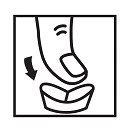 Line drawing showing a finger pressing downward to open or close a cup-shaped container with a curved black arrow