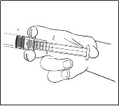 A hand firmly holds a syringe with the thumb and index finger