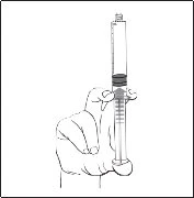 A hand holds a syringe vertically with the plunger partially withdrawn on a white background
