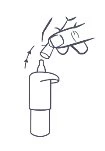 Line drawing showing a hand holding a medical device to apply it over the top of a cylindrical container