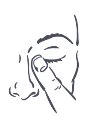 Line drawing of a face with closed eyes and a finger gently pressing on the upper eyelid to apply medication