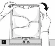 Two gloved hands opening a transparent plastic bag with a curved black arrow indicating downward movement