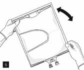 Two gloved hands holding and opening a rectangular plastic wrapper with a black curved arrow indicating the opening direction