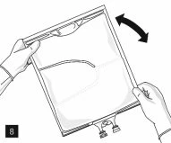 Two hands holding a rectangular plastic pouch and tilting it forward and backward following the direction of a black curved arrow