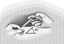 Two hands holding a syringe to inject a drug into the arm at a 45-degree angle to the skin